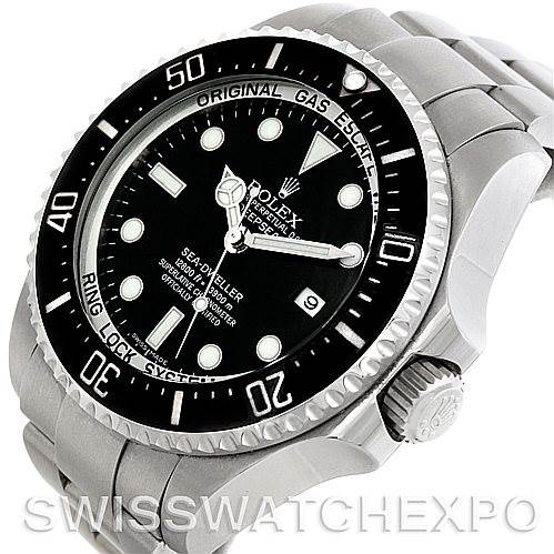 The image shows an angled top-side view of the Rolex Sea-Dweller 116660 Men
s Stainless Steel Black Dial 116660 Men
s Stainless Steel Black Dial, highlighting the bezel, dial, and partially the bracelet.