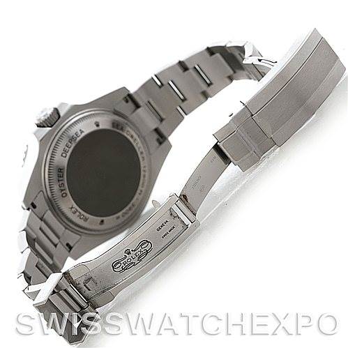 This image shows the back case and open clasp of a Rolex Sea-Dweller 116660 Men
s Stainless Steel Black Dial 116660 Men
s Stainless Steel Black Dial watch from a rear angle.