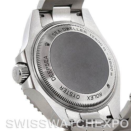 The image shows the back and side of a Rolex Sea-Dweller 116660 Men
s Stainless Steel Black Dial 116660 Men
s Stainless Steel Black Dial watch, including the case back, crown, and part of the bracelet.