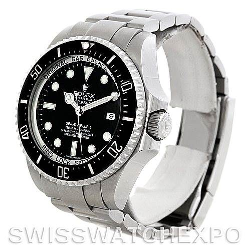The image shows a Rolex Sea-Dweller 116660 Men
s Stainless Steel Black Dial 116660 Men
s Stainless Steel Black Dial watch at a slight angle, focusing on the bezel, dial, crown, and part of the bracelet.