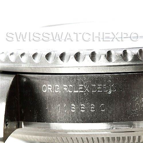 This close-up image shows the side of the Rolex Sea-Dweller 116660 Men's Stainless Steel Black Dial 116660 Men's Stainless Steel Black Dial watch case with the bezel and engraved model number 116660.