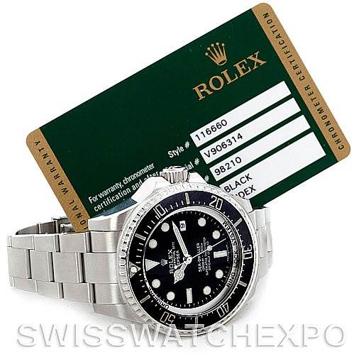 This image shows a Rolex Sea-Dweller 116660 Men's Stainless Steel Black Dial 116660 Men's Stainless Steel Black Dial watch at an angled view, accompanied by its green certification card.