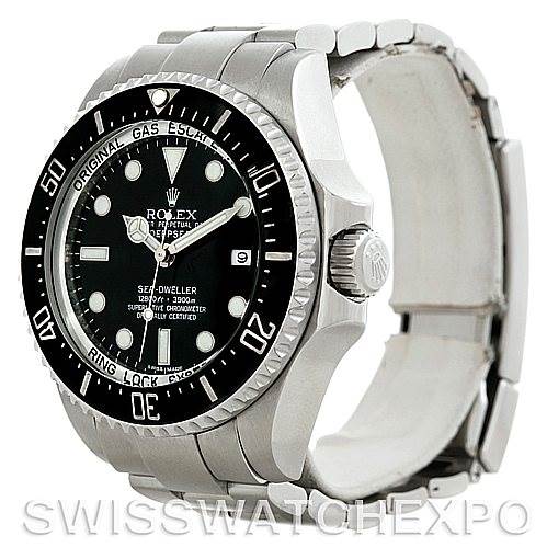 The image shows a Rolex Sea-Dweller 116660 Men's Stainless Steel Black Dial 116660 Men's Stainless Steel Black Dial watch at an angle displaying the face, bezel, crown, and part of the bracelet.