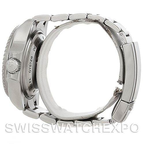 The image shows a Rolex Sea-Dweller 116660 Men's Stainless Steel Black Dial 116660 Men's Stainless Steel Black Dial watch from a side angle, highlighting its case, crown, and bracelet.
