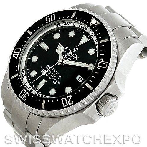 The image shows a side view of the Rolex Sea-Dweller 116660 Men's Stainless Steel Black Dial 116660 Men's Stainless Steel Black Dial watch, detailing the dial, bezel, crown, and part of the bracelet.