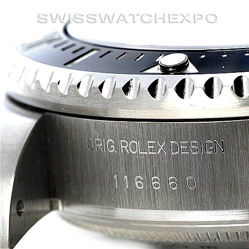 The image shows a close-up of the bezel and case side of a Rolex Sea-Dweller 116660 Men's Stainless Steel Black Dial 116660 Men's Stainless Steel Black Dial watch, highlighting the model engravings and design details.