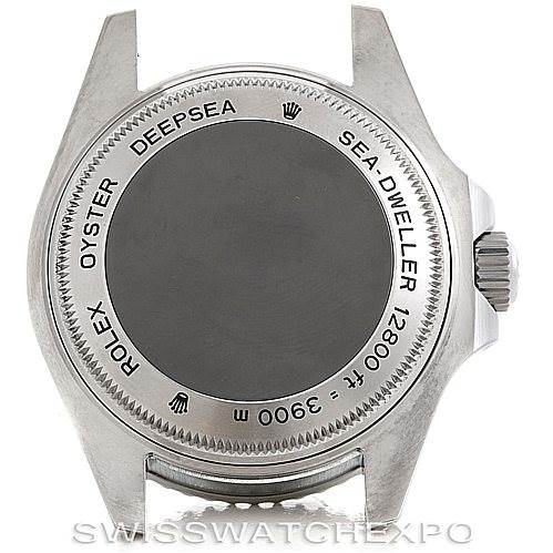 The image shows the case back of a Rolex Sea-Dweller 116660 Men's Stainless Steel Black Dial 116660 Men's Stainless Steel Black Dial Deepsea watch.
