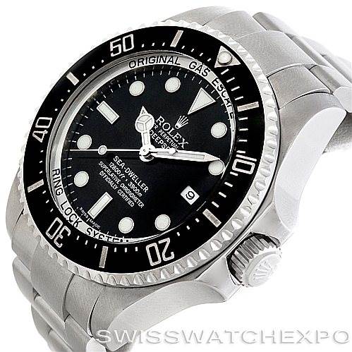 This image shows a Rolex Sea-Dweller 116660 Men's Stainless Steel Black Dial 116660 Men's Stainless Steel Black Dial watch from an angled side view, highlighting its dial, bezel, crown, and part of the bracelet.