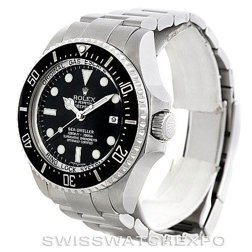 This image shows a side angle of the Rolex Sea-Dweller 116660 Men's Stainless Steel Black Dial 116660 Men's Stainless Steel Black Dial watch, highlighting the bezel, crown, and part of the bracelet.