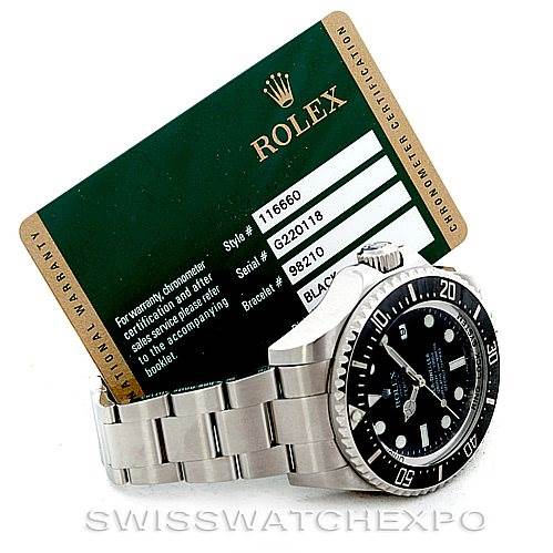 The image shows a Rolex Sea-Dweller 116660 Men's Stainless Steel Black Dial 116660 Men's Stainless Steel Black Dial watch at a slight angle, displaying its bracelet, bezel, and face, alongside its warranty card.