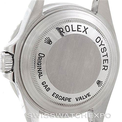 This image shows the back case of a Rolex Sea-Dweller 16600 Men's Stainless Steel Black Dial 16600 Men's Stainless Steel Black Dial watch, highlighting the "Rolex Oyster" engraving and gas escape valve text.