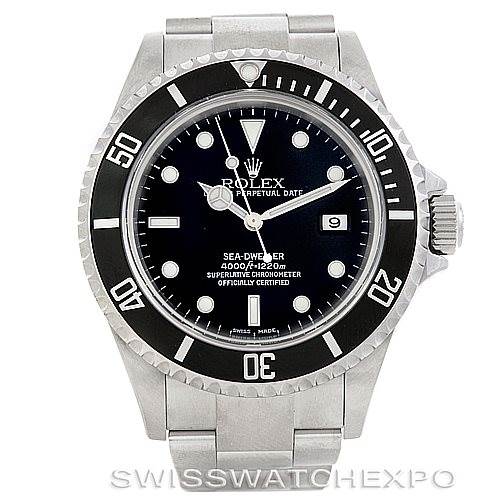 This is a front view of the Rolex Sea-Dweller 16600 Men's Stainless Steel Black Dial 16600 Men's Stainless Steel Black Dial watch, showing the dial, bezel, and part of the bracelet.