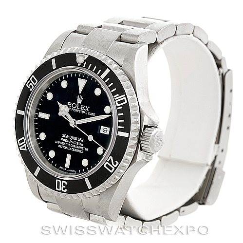The image shows a Rolex Sea-Dweller 16600 Men's Stainless Steel Black Dial 16600 Men's Stainless Steel Black Dial watch viewed at an angle, displaying its face, bezel, and part of the bracelet.