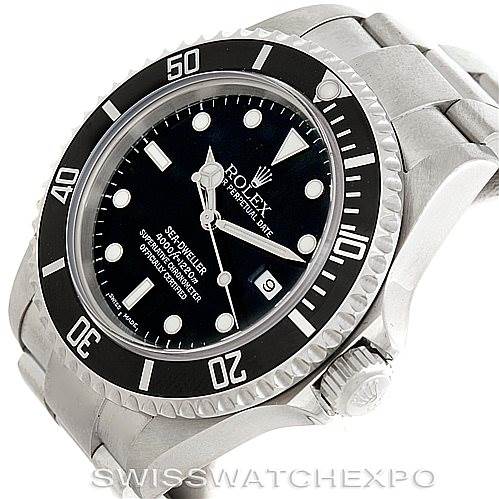 The image shows an angled view of a Rolex Sea-Dweller 16600 Men's Stainless Steel Black Dial 16600 Men's Stainless Steel Black Dial watch, highlighting the dial, bezel, crown, and bracelet.