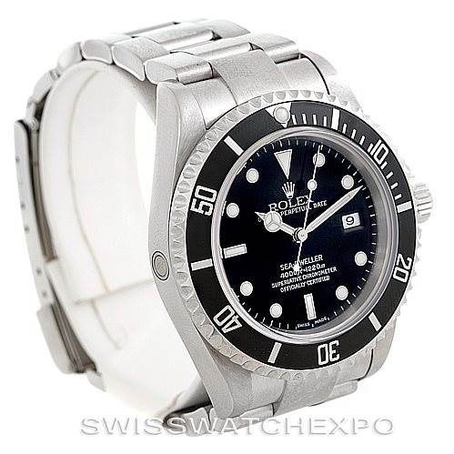 The image shows a right-side angle view of the Rolex Sea-Dweller 16600 Men's Stainless Steel Black Dial 16600 Men's Stainless Steel Black Dial watch, highlighting its bezel, dial, bracelet, and crown.