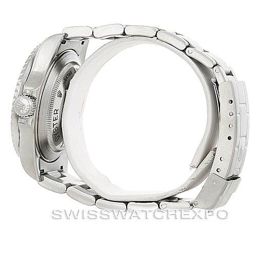 The image shows a side view of a Rolex Sea-Dweller 16600 Men's Stainless Steel Black Dial 16600 Men's Stainless Steel Black Dial watch, focusing on the crown, case back, and bracelet details.