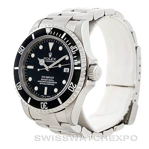 The image shows a side-angle view of the Rolex Sea-Dweller 16600 Men's Stainless Steel Black Dial 16600 Men's Stainless Steel Black Dial watch, highlighting the black dial, bezel, and part of the bracelet.
