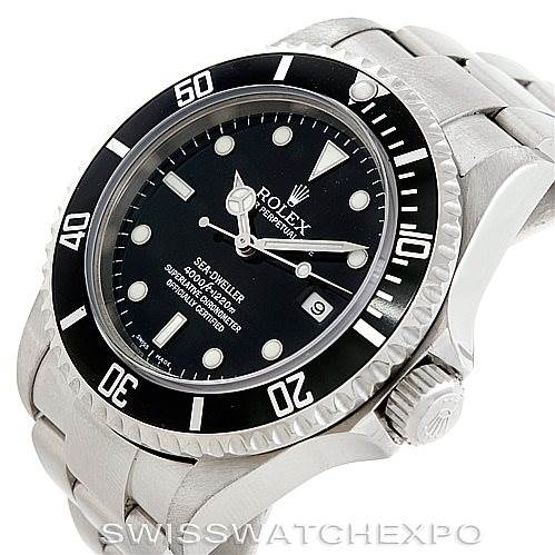 The image shows a Rolex Sea-Dweller 16600 Men's Stainless Steel Black Dial 16600 Men's Stainless Steel Black Dial watch at an angle highlighting the dial, bezel, crown, and part of the bracelet.