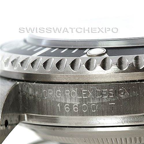 This close-up shows the side view of the bezel and case of a Rolex Sea-Dweller 16600 Men's Stainless Steel Black Dial 16600 Men's Stainless Steel Black Dial 16600.
