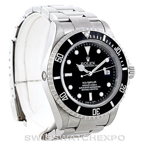 The image shows a Rolex Sea-Dweller 16600 Men's Stainless Steel Black Dial 16600 Men's Stainless Steel Black Dial watch at an angled view, highlighting its bracelet, bezel, and dial.