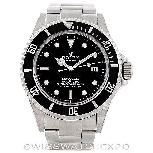 This image shows a front view of the Rolex Sea-Dweller 16600 Men's Stainless Steel Black Dial 16600 Men's Stainless Steel Black Dial watch, highlighting its dial, bezel, and bracelet.