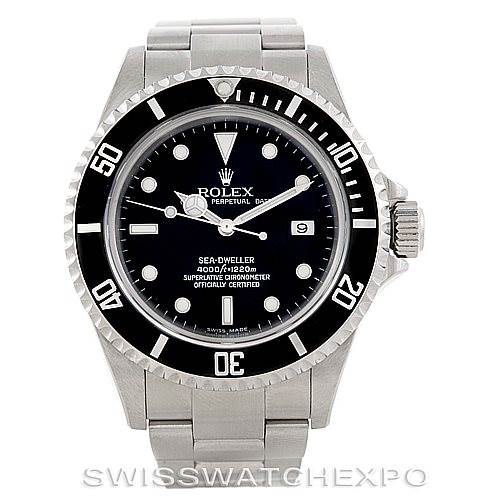 The image shows the front view of a Rolex Sea-Dweller 16600 Men's Stainless Steel Black Dial 16600 Men's Stainless Steel Black Dial watch, highlighting its dial, bezel, and stainless steel bracelet.