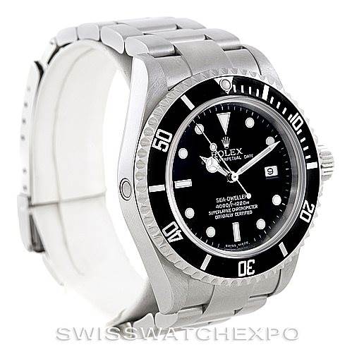 The Rolex Sea-Dweller 16600 Men's Stainless Steel Black Dial 16600 Men's Stainless Steel Black Dial watch is shown from a slightly angled front view, displaying the face, bezel, and bracelet.