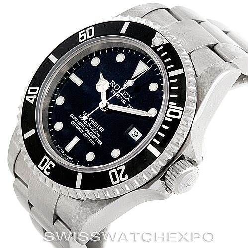 The image shows a Rolex Sea-Dweller 16600 Men's Stainless Steel Black Dial 16600 Men's Stainless Steel Black Dial watch at an angle highlighting the face, bezel, and part of the stainless steel bracelet.