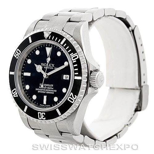 This image shows a Rolex Sea-Dweller 16600 Men's Stainless Steel Black Dial 16600 Men's Stainless Steel Black Dial watch at a three-quarter angle, highlighting the dial, bezel, crown, and part of the bracelet.