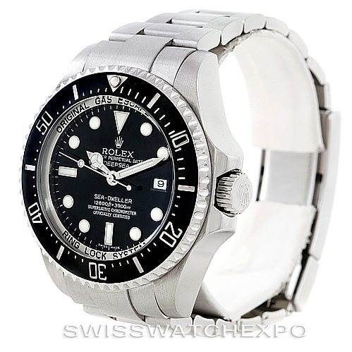 This image shows a Rolex Sea-Dweller 116660 Men
s Stainless Steel Black Dial 116660 Men
s Stainless Steel Black Dial watch from an angled front-side view, displaying the face, bezel, crown, and part of the bracelet.