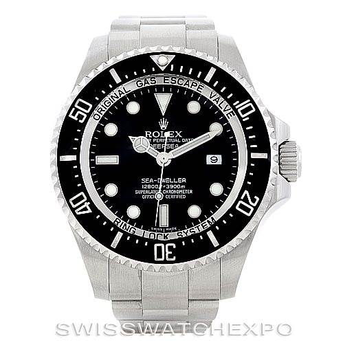This image shows a front view of the Rolex Sea-Dweller 116660 Men
s Stainless Steel Black Dial 116660 Men
s Stainless Steel Black Dial watch, displaying its dial, bezel, and bracelet in detail.