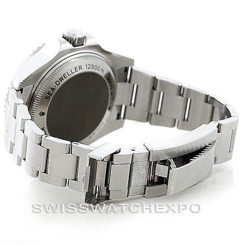 This image shows the back and bracelet of a Rolex Sea-Dweller 116660 Men
s Stainless Steel Black Dial 116660 Men
s Stainless Steel Black Dial watch, highlighting its clasp and case back details.