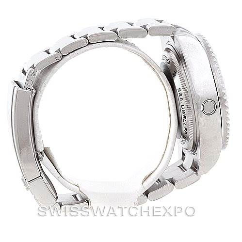 The image shows a side view of the Rolex Sea-Dweller 116660 Men's Stainless Steel Black Dial 116660 Men's Stainless Steel Black Dial watch, highlighting its bracelet, side case, crown, and part of the bezel.