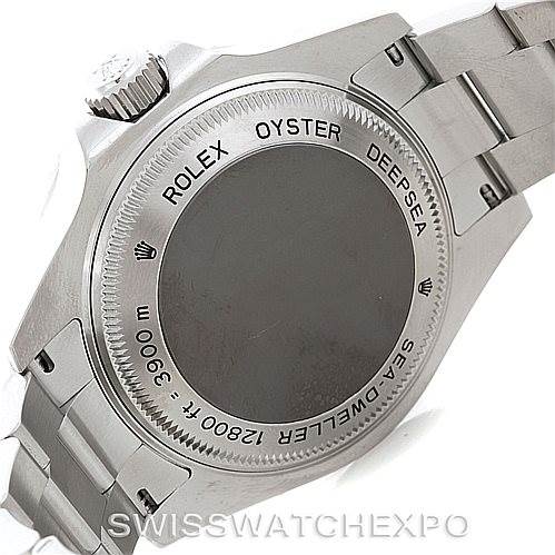 The image shows the case back and part of the bracelet of a Rolex Sea-Dweller 116660 Men's Stainless Steel Black Dial 116660 Men's Stainless Steel Black Dial watch, viewed at an angle from the back.