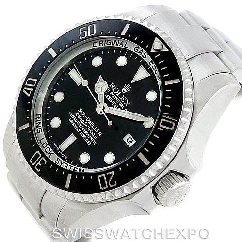 This image shows the front and right side of the Rolex Sea-Dweller 116660 Men's Stainless Steel Black Dial 116660 Men's Stainless Steel Black Dial watch, highlighting the bezel, dial, and crown.