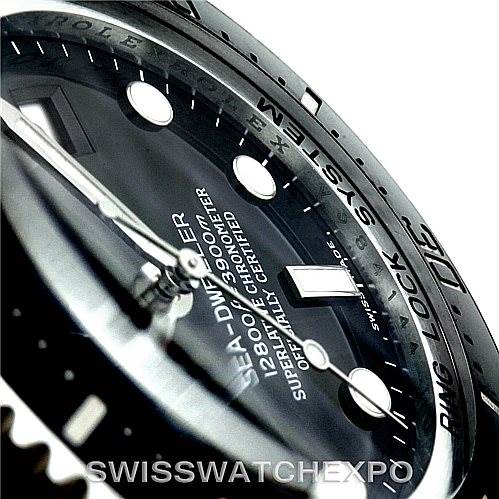 The image shows a close-up of the dial and bezel of a Rolex Sea-Dweller 116660 Men's Stainless Steel Black Dial 116660 Men's Stainless Steel Black Dial watch from an angled perspective.