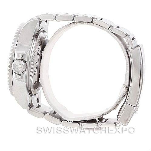 The image shows a side view of the Rolex Sea-Dweller 116660 Men's Stainless Steel Black Dial 116660 Men's Stainless Steel Black Dial watch, featuring its bracelet, crown, and case back.