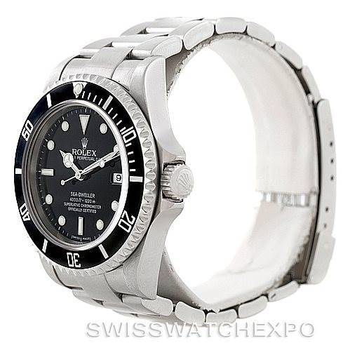 This image shows a side view of a Rolex Sea-Dweller 16600 Men's Stainless Steel Black Dial 16600 Men's Stainless Steel Black Dial watch, prominently displaying its bezel, crown, and bracelet.