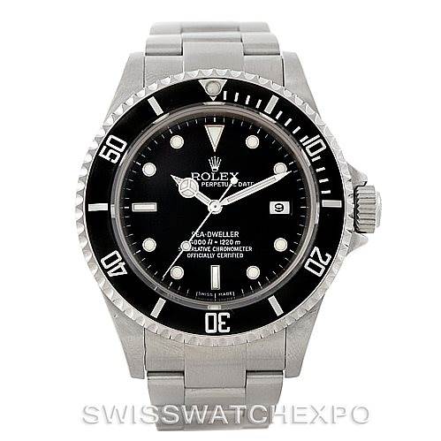 The image shows a front view of the Rolex Sea-Dweller 16600 Men's Stainless Steel Black Dial 16600 Men's Stainless Steel Black Dial watch, displaying the dial, bezel, and bracelet.
