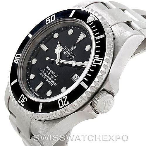 The image shows a close-up, angled view of the dial, bezel, crown, and part of the bracelet of a Rolex Sea-Dweller 16600 Men's Stainless Steel Black Dial 16600 Men's Stainless Steel Black Dial watch.