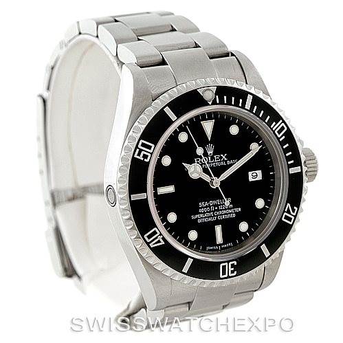 The image shows a Rolex Sea-Dweller 16600 Men's Stainless Steel Black Dial 16600 Men's Stainless Steel Black Dial watch from a front-left angle, highlighting the dial, bezel, and bracelet.