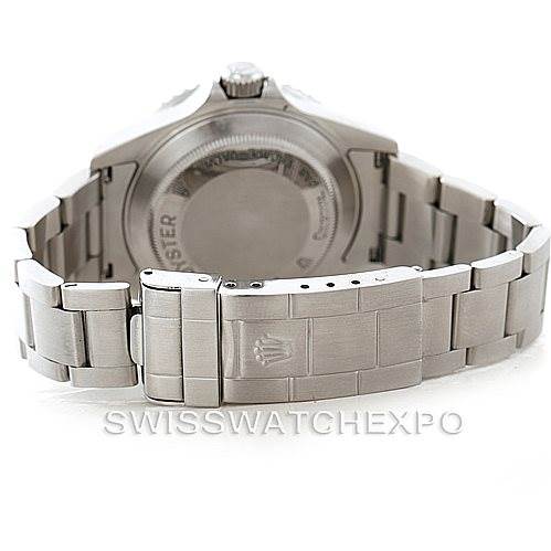 The image shows the back of a Rolex Sea-Dweller 16600 Men's Stainless Steel Black Dial 16600 Men's Stainless Steel Black Dial watch, highlighting its stainless steel bracelet and engraved case back. 