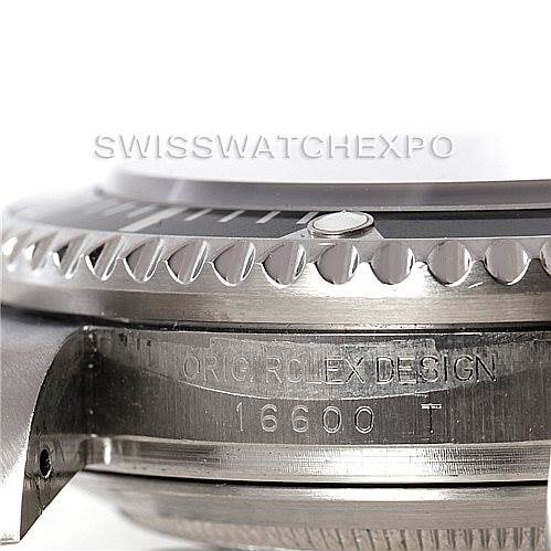 The image shows the side of the Rolex Sea-Dweller 16600 Men's Stainless Steel Black Dial 16600 Men's Stainless Steel Black Dial, highlighting the bezel, crown guards, and case number 16600 T.