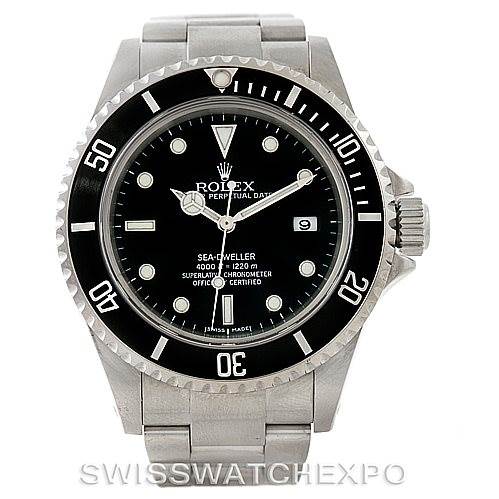 This image displays a front view of a Rolex Sea-Dweller 16600 Men
s Stainless Steel Black Dial 16600 Men
s Stainless Steel Black Dial watch, featuring its face, bezel, and part of its bracelet.