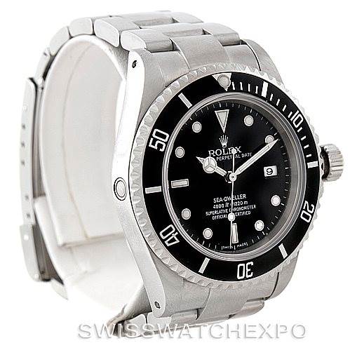 The image shows a Rolex Sea-Dweller 16600 Men
s Stainless Steel Black Dial 16600 Men
s Stainless Steel Black Dial watch at an angle displaying its face, bezel, and stainless steel bracelet.