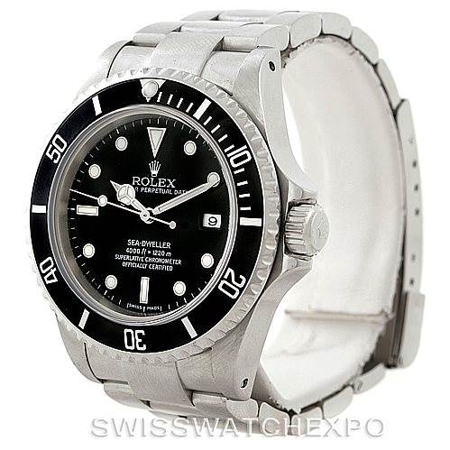 The Rolex Sea-Dweller 16600 Men
s Stainless Steel Black Dial 16600 Men
s Stainless Steel Black Dial is shown at an angled side view, displaying its bezel, dial, bracelet, and crown.