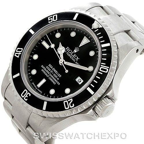 The image shows a Rolex Sea-Dweller 16600 Men
s Stainless Steel Black Dial 16600 Men
s Stainless Steel Black Dial watch angled to display the face, bezel, crown, and part of the bracelet.