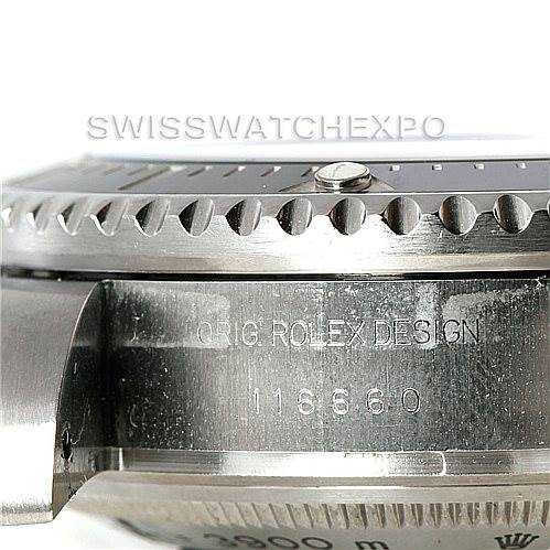 This close-up image of a Rolex Sea-Dweller 116660 Men's Stainless Steel Black Dial 116660 Men's Stainless Steel Black Dial shows the side of the case with engravings and part of the bezel and crown.