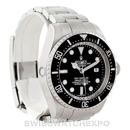 The image shows a Rolex Sea-Dweller 116660 Men's Stainless Steel Black Dial 116660 Men's Stainless Steel Black Dial watch at a 3/4 angle, displaying the bezel, dial, bracelet, and side crown.