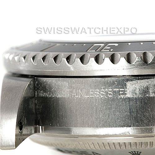 The image shows a close-up side view of the Rolex Sea-Dweller 116660 Men's Stainless Steel Black Dial 116660 Men's Stainless Steel Black Dial watch case and bezel, highlighting the "STAINLESS STEEL" engraving.